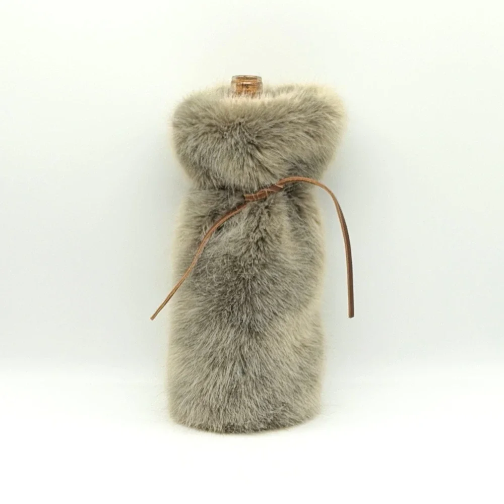 RH Restoration Hardware Wine Bottle Cover Grey Faux Fur Home Gift Festive NEW